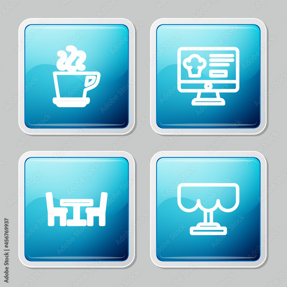 Set line Coffee cup, Online ordering and delivery, Wooden table with chair and icon. Vector