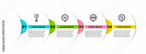 Set line Traffic sign turn right, Speed limit traffic, No overtaking road and Road warning two way. Business infographic template. Vector
