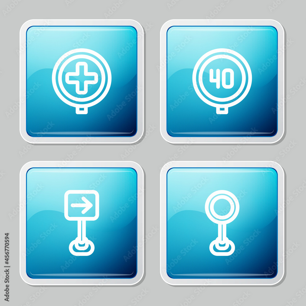 Set line Hospital road traffic, Speed limit, Traffic sign turn right and Road icon. Vector Set line Hospital road traffic, Speed limit, Traffic sign turn right and Road icon. Vector