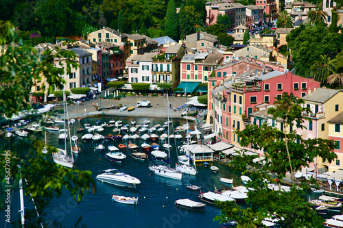 Great aerial view of Portofino and its boats