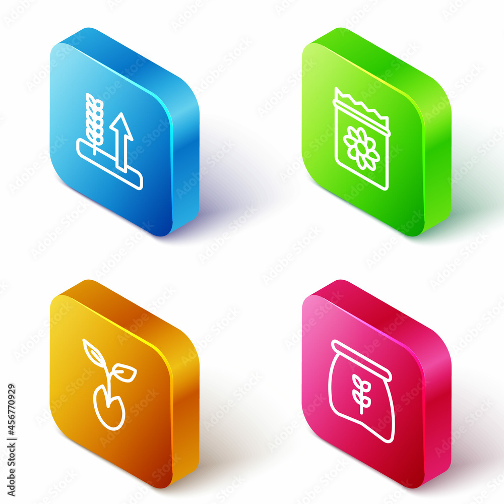 Set Isometric line Wheat, Pack full of seeds of plant, Sprout and Bag flour icon. Vector