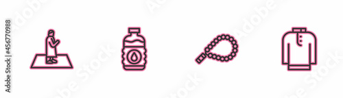 Set line Muslim man prays, Rosary beads religion, Bottle of water and Shirt kurta icon. Vector