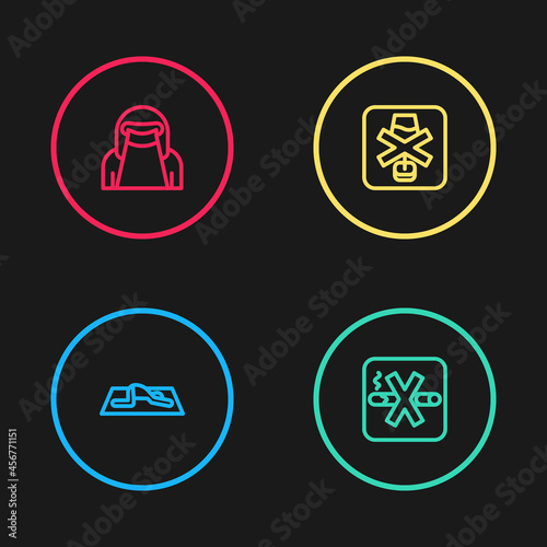 Set line Muslim man prays, No Smoking, alcohol and woman niqab icon. Vector