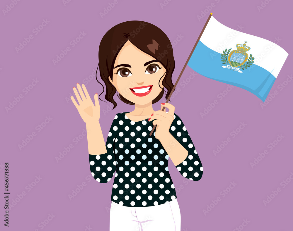 Beautiful brunette woman holding San Marino flag making waving hand gesture Beautiful brunette woman holding San Marino flag making waving hand gesture