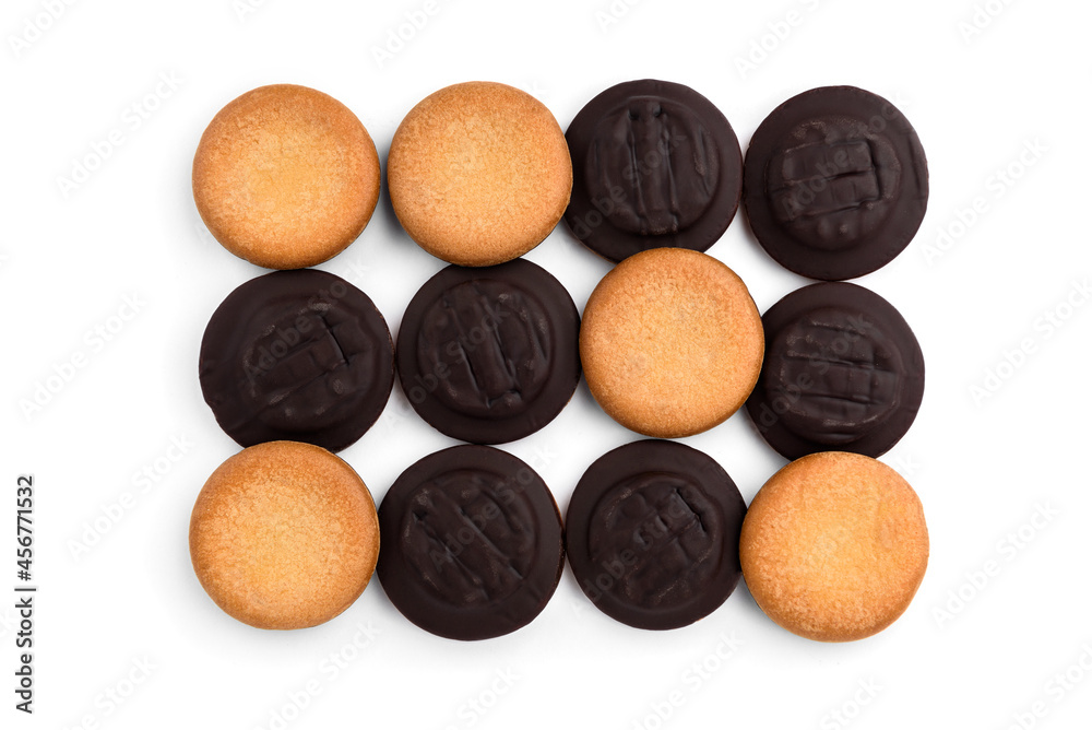 Pile of chocolate biscuit cookies with orange jam isolated on white background. Pile of chocolate biscuit cookies with orange jam isolated on white background.