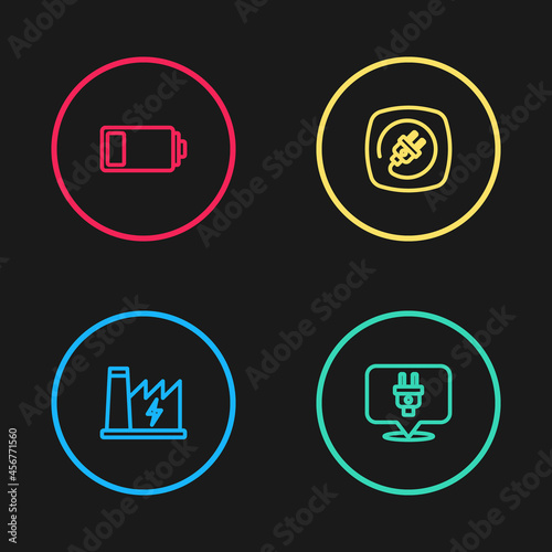 Set line Nuclear power plant, Electric plug, and Battery icon. Vector