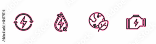 Set line Recharging, Earth globe and leaf, Water energy and Check engine icon. Vector