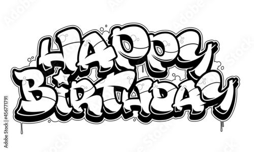 Happy Birthday Graffiti congratulation card. Black line isolated on white background.