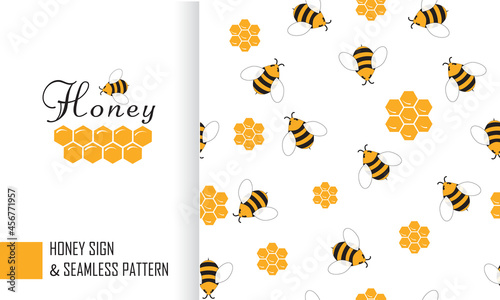 Vector seamless pattern of a bee, a honeycomb. Simple cartoon illustration on a white background.