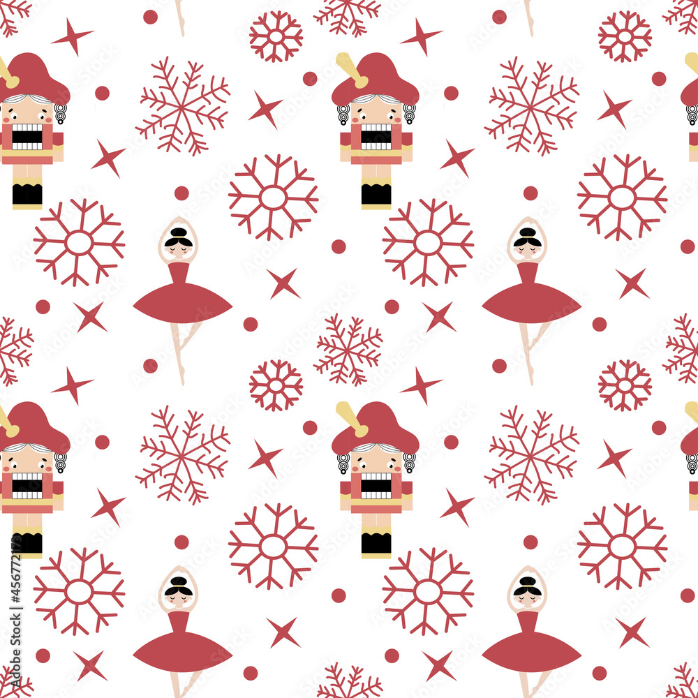 Vector christmas seamless pattern with Nutcracker and ballerina, snowflakes from a winter fairy tale herbs in vintage style for fabrics, paper, textile, gift wrap isolated on white background
