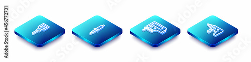Set Isometric line Construction jackhammer, Soldering iron, Electric jigsaw and drill machine icon. Vector