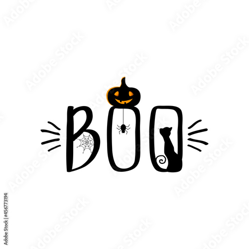 Halloween lettering "Boo" with black cat and pumpkin