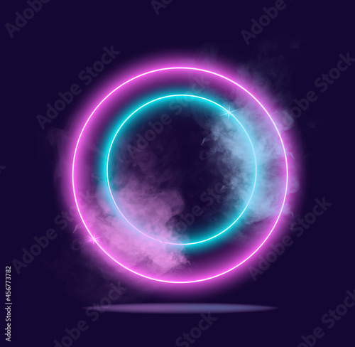 Glowing neon lighting. Several rings covered with translucent cloud of smoke. Modern light, nightclub. Cyberpunk image, futuristic picture. Realistic vector illustration isolated on dark background