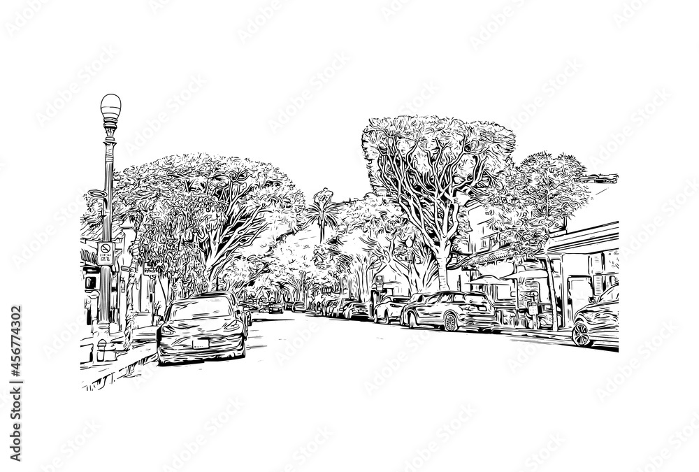 Fototapeta premium Building view with landmark of Laguna Beach is the city in California. Hand drawn sketch illustration in vector.