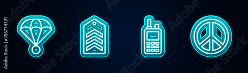 Set line Parachute, Chevron, Walkie talkie and Peace. Glowing neon icon. Vector