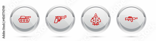 Set line Military tank, Pistol or gun, Jet fighter and M16A1 rifle. Silver circle button. Vector