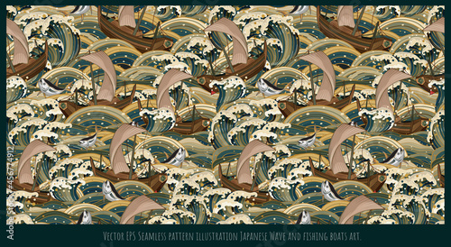 Seamless pattern illustration japanese old style wave art.