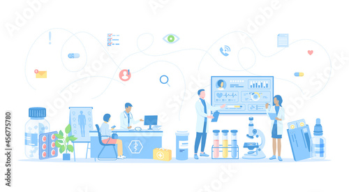 Medicine  Healthcare  Pharmaceuticals  First aid  Science  Doctor examination. Diagnosis definition. Laboratory research. Vector illustration flat style.