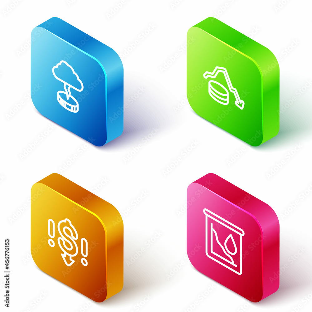 Set Isometric line Storm, Dollar rate decrease, and Drop in crude oil price icon. Vector Set Isometric line Storm, Dollar rate decrease, and Drop in crude oil price icon. Vector