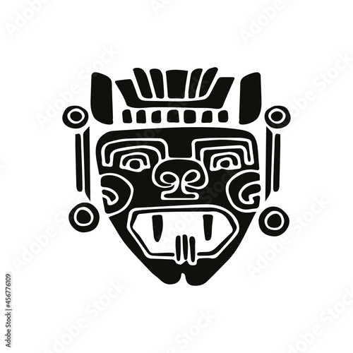 Aztec, Maya Or Inca Traditional Masks. Hand Drawn Vector Illustration. Black Silhouette Isolated On White.