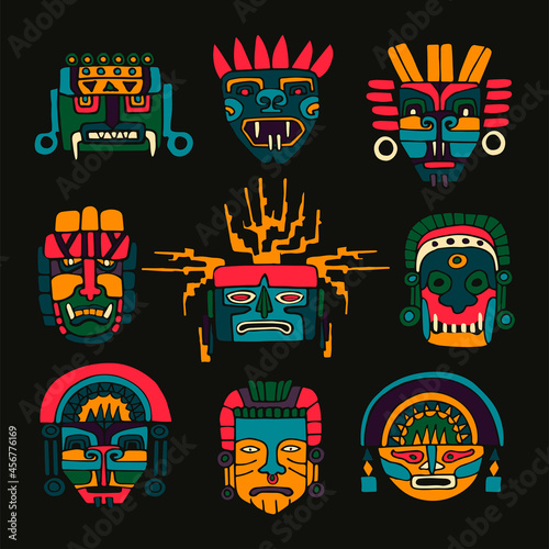 Aztec, Maya Or Inca Traditional Masks. Set With Different Colorful Masks. Hand Drawn Vector Illustration. 