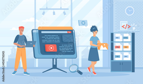 Web scraping. Technology for collecting data from web pages. Extracting content and data from websites in different formats. Flat cartoon vector illustration with people characters for banner website