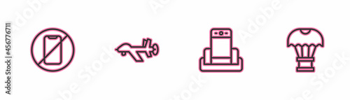 Set line No cell phone, Metal detector in airport, UAV Drone and Box flying parachute icon. Vector