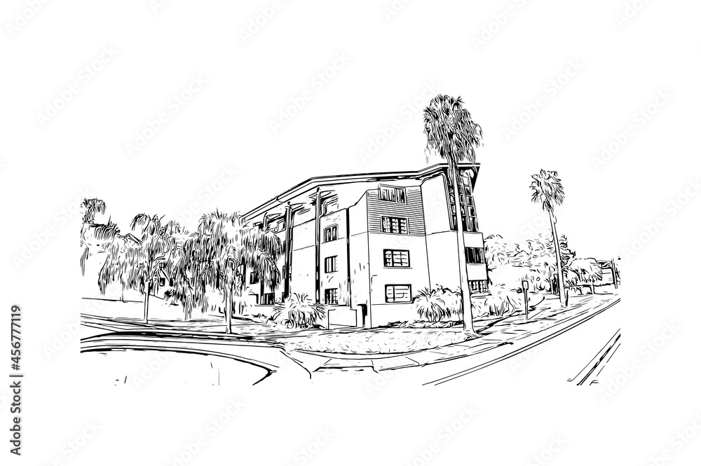 Building view with landmark of Lakeland is the 
city in Florida. Hand drawn sketch illustration in vector.