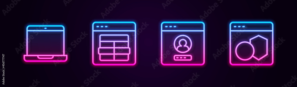 Set line Laptop, MySQL code, Create account screen and Software. Glowing neon icon. Vector Set line Laptop, MySQL code, Create account screen and Software. Glowing neon icon. Vector
