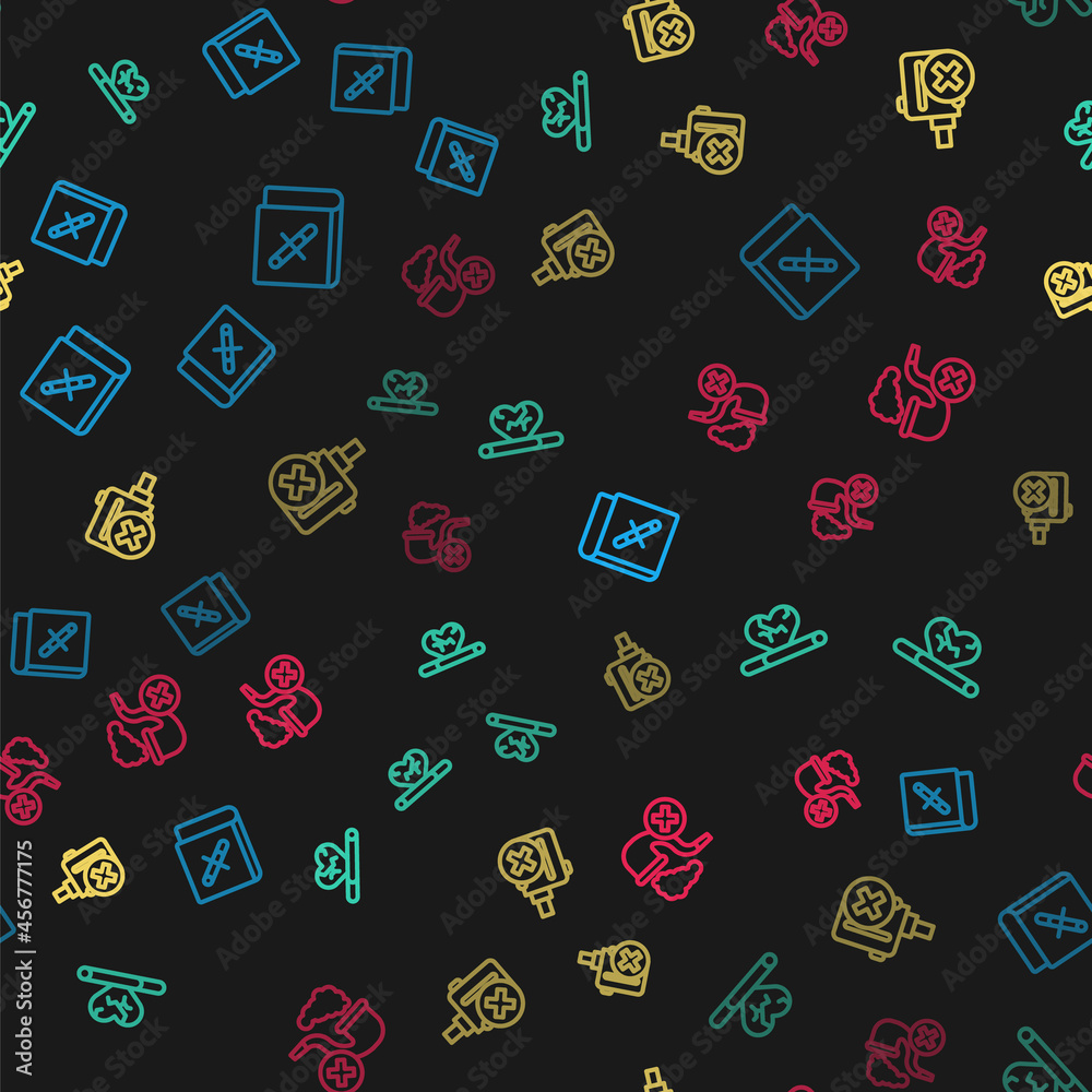 Set line Book with stop cigarette, Heart disease smoking, No electronic and Smoking pipe smoke on seamless pattern. Vector Set line Book with stop cigarette, Heart disease smoking, No electronic and Smoking pipe smoke on seamless pattern. Vector