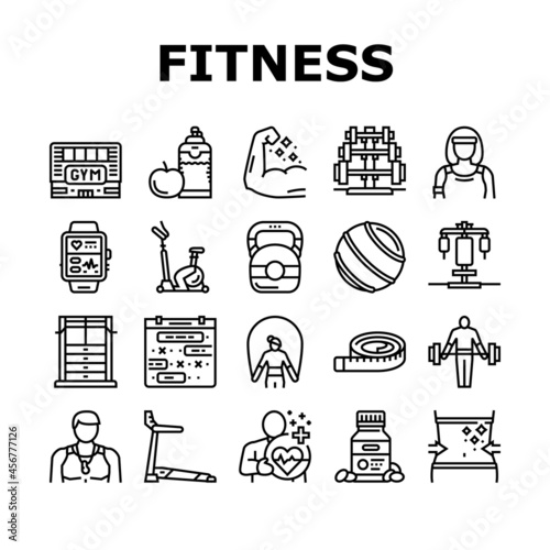 Fitness Health Athlete Training Icons Set Vector. Sportsman Equipment For Make Muscle Exercise And Fitness Bracelet Gadget, Barbell Rack And Dumbbell Tool Black Contour Illustrations