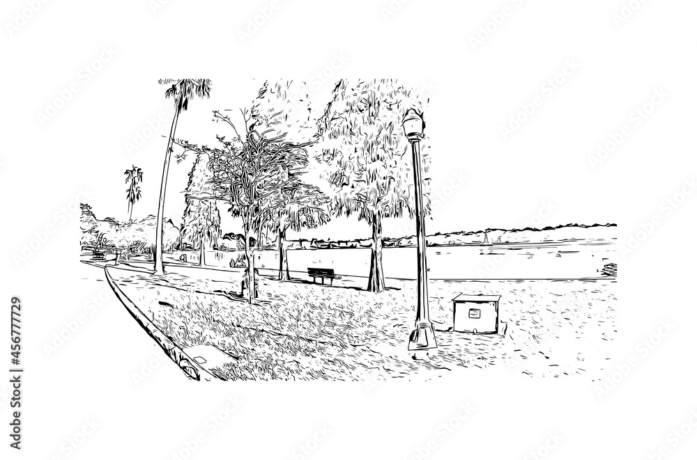 Building view with landmark of Lakeland is the 
city in Florida. Hand drawn sketch illustration in vector.