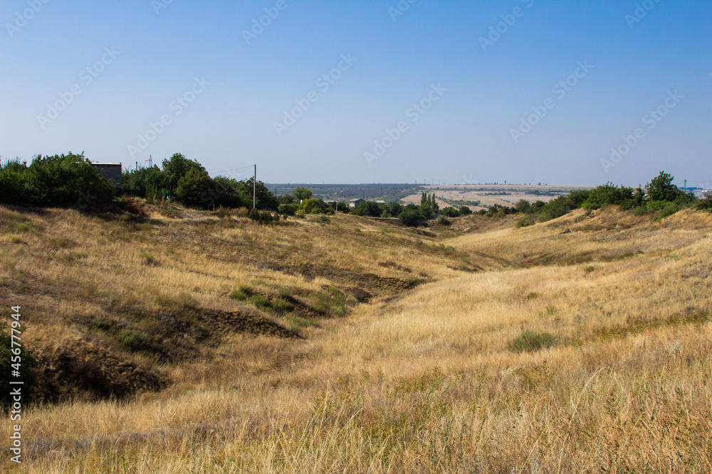 The steppe is woodless. Ravine in the steppe. Forest of the steppe landscape. Forest formation. Poor in moisture. Grass vegetation in the dry climate zone.