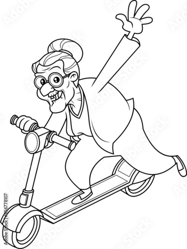 Outlined Happy Granny Cartoon Character Driving Scooter And Waving. Vector Hand Drawn Illustration Isolated On Transparent Background