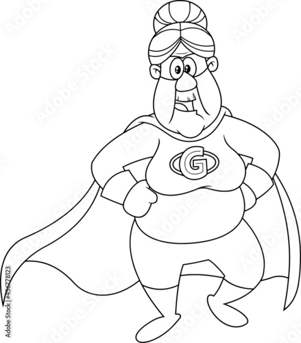 Grandmother Superhero Cartoon Character. Vector Hand Drawn Illustration Isolated On Transparent Background