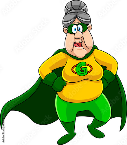 Grandmother Superhero Cartoon Character. Vector Hand Drawn Illustration Isolated On Transparent Background