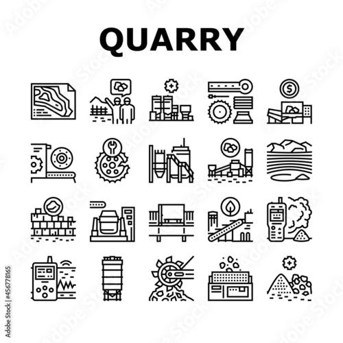 Quarry Mining Industrial Process Icons Set Vector. Quarry Mining Equipment And Machine Technology, Industry Iron And Coal Processing Line. Vibration Assessment Device Black Contour Illustrations