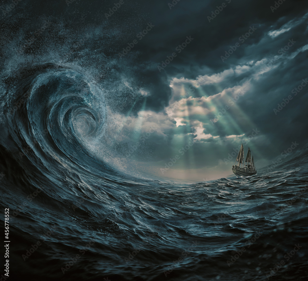 illustration of the ship in the storm, gigantic waves - obrazy, fototapety, plakaty 