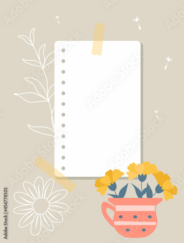 A sheet of notepad taped to wall. Note paper, yellow flower in pink mug, white contours of plants in the background. Vector illustration, flat style.