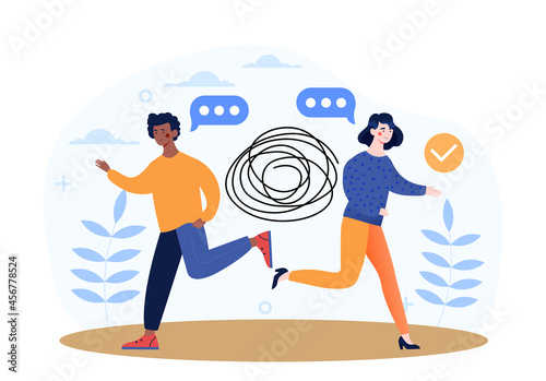 Avoid business trouble. Man and girl in hurry on business, time management. People late, procrastination. Employees solve problem. Catoon flat vector illustration isolated on white background