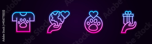 Set line Animal volunteer, Hand holding Earth globe, Heart with animals footprint and Give gift. Glowing neon icon. Vector