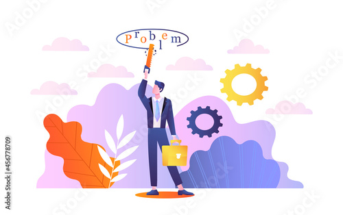 Business or financial mistake. Businessman dissatisfied with his decision. Man was wrong, bad mood. Employee is looking for way out of this situation. Human saws problem. Cartoon vector illustration