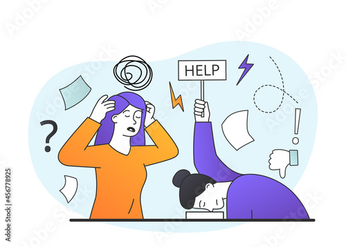 Woman lies on table, tired of her friend. Depression, headache, help. Obsessive, lot of talk, panic. Dissatisfaction with your friends, weakness. Flat vector illustration isolated on white background
