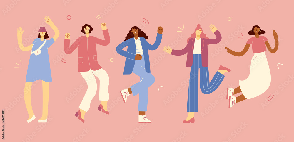 Happy women jump with happiness. Cartoon female characters celebrating and dancing. Team success. Colored flat vector illustration. Pink background Happy women jump with happiness. Cartoon female characters celebrating and dancing. Team success. Colored flat vector illustration. Pink background