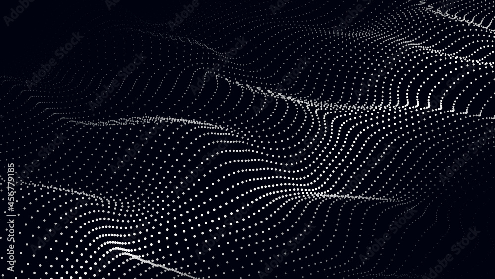 Wave of flowing particles on a dark background. Abstract backdrop with dynamic elements of waves and dots. Vector Wave of flowing particles on a dark background. Abstract backdrop with dynamic elements of waves and dots. Vector