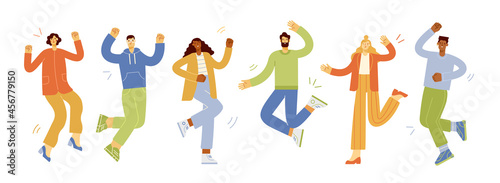 Happy, jumping men and women in casual outfits. Team or group of people with hands up. Concept of victory and success. Colored flat vector illustration isolated on white background