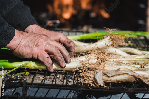 Hands preparin raw onions on the grill photo