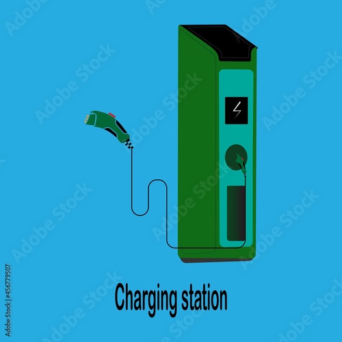 Electric vehicle charging station icon. Vector image isolated on blue background