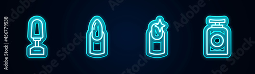Set line Milling cutter for manicure, Nail, and Tube of hand cream. Glowing neon icon. Vector