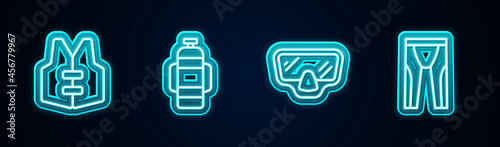 Set line Life jacket, Aqualung, Diving mask and Wetsuit for scuba diving. Glowing neon icon. Vector